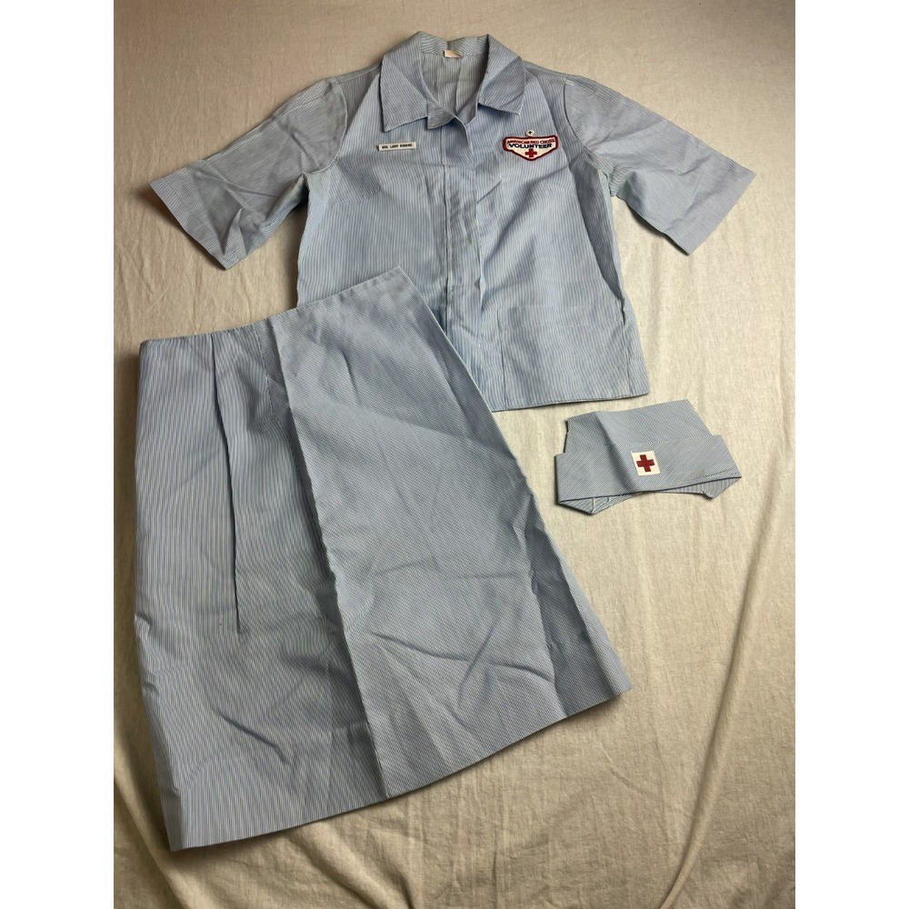 Vintage 50s 60s Hoover American Red Cross Volunteer Candy Striper Blue Skirt Set